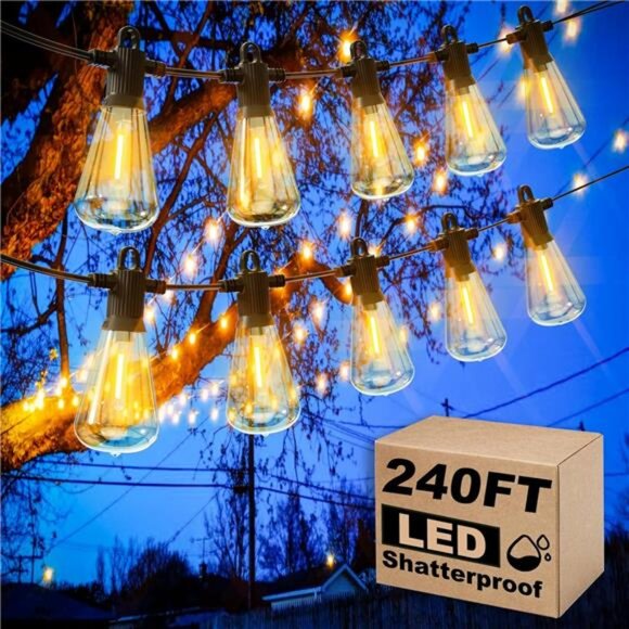 Outdoor Patio String Lights, 240FT LED with 120+4 ST38 Vintage Edison Bulbs - Picture 1 of 7